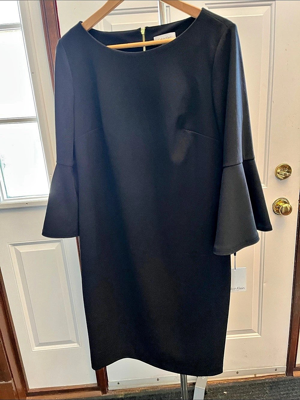 Calvin Klein Black Crepe Bell Sleeve Sheath Dress Workwear Size 14